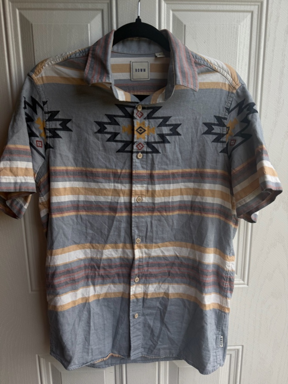 ROWM Festival Boho Embroidered Grey Striped Short-Sleeve Button-Up Shirt Size S